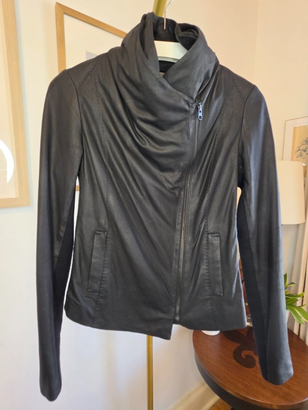 Vince Black Leather Moto Jacket Wool Knit Panels Size Small